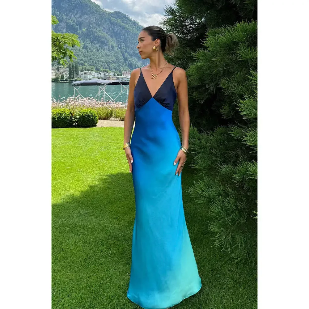 12th Tribe Mirabella Blue Satin Sorbet Maxi Dress Size MM - Picture 2 of 3